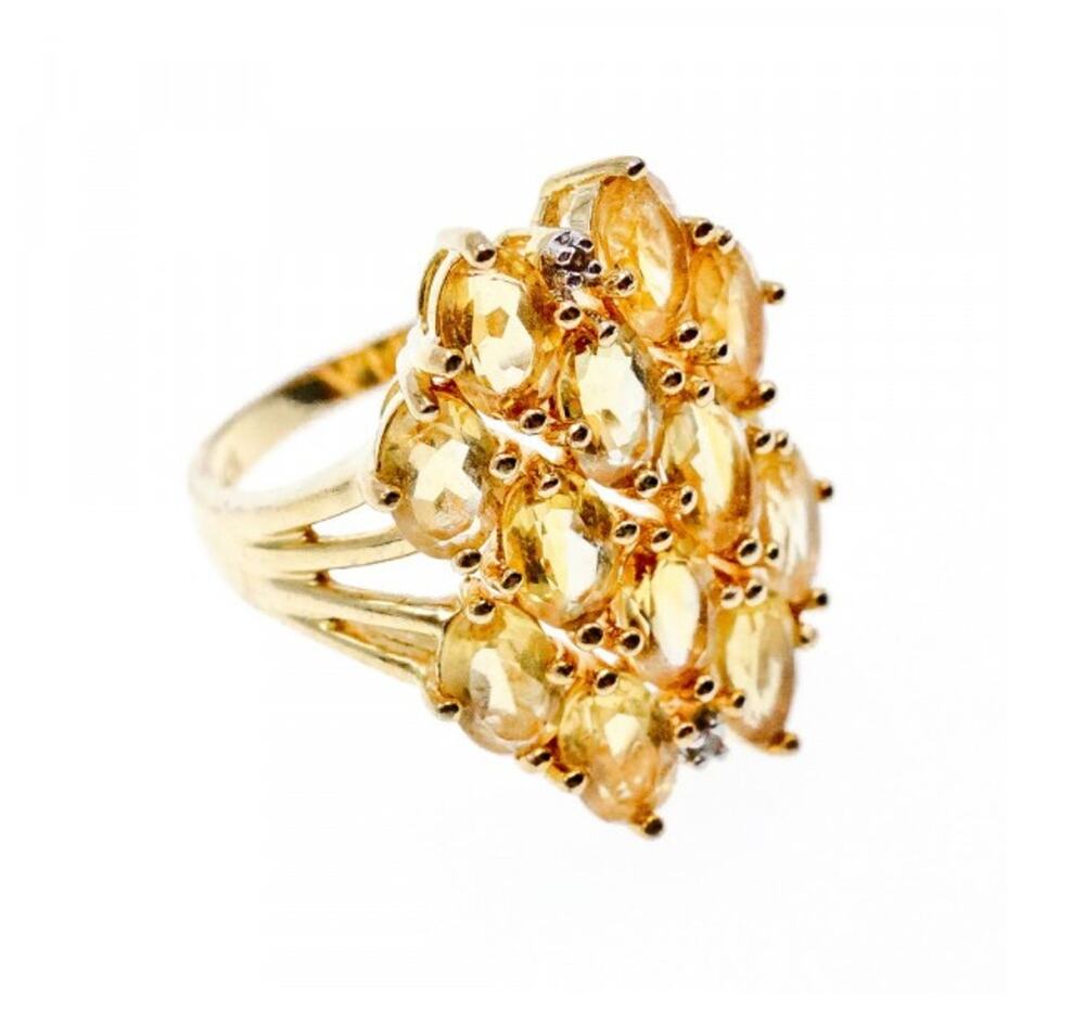 925 Sterling Silver Gold Plated Yellow Tourmalines & Diamonds Ring Size 8